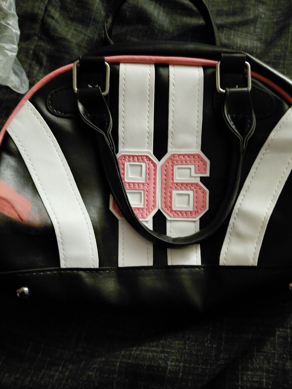 Stylish Black & White Dome Bag with Pink Trim and 86 Appliqué